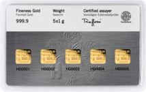 5 x 1 g Heraeus Multicard Goldbarren