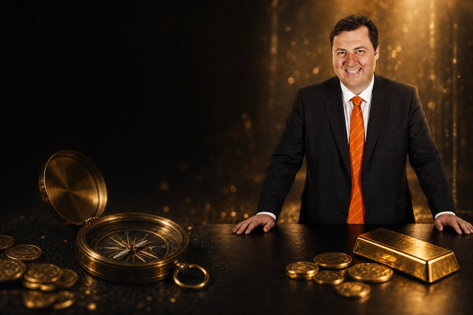 Jochen Staiger neben einem Messing-Kompass mit Goldmünzen und Goldbarren auf dunklem Hintergrund