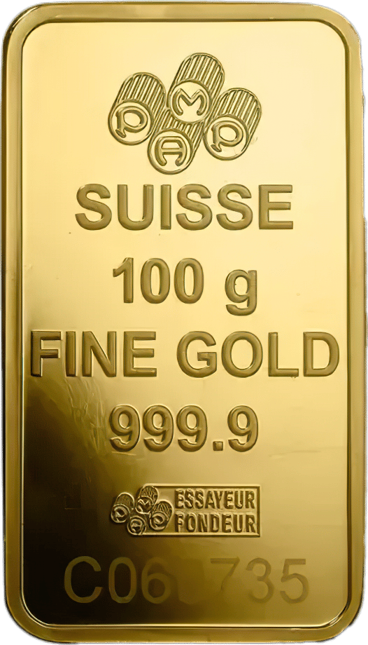 100 g gold bar · Side with weight and fineness