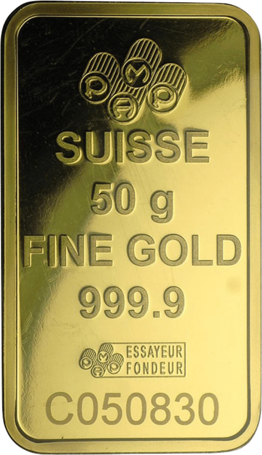 50 g gold bar · Side with weight and fineness