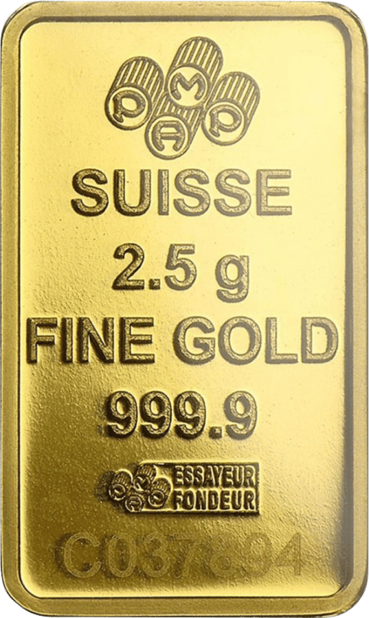 Goldbarren 2,5 g · Seite mit Gewicht und Feinheit