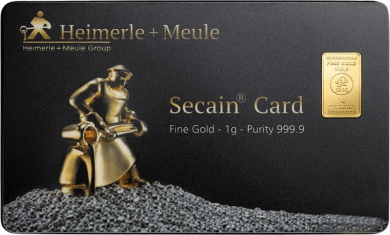 Card with a gold bar of 1 g by Heimerle + Meule in its window