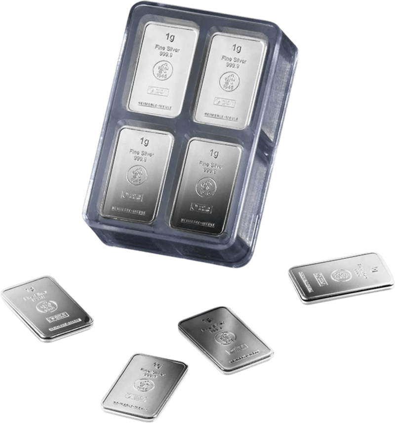 Clear box with silver bars of 1 g each by Heimerle + Meule, four single bars in front of it