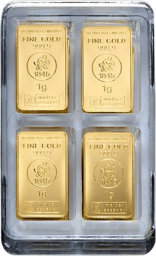 Klarsichtbox mit Goldbarren zu je 1 g von Heimerle + Meule