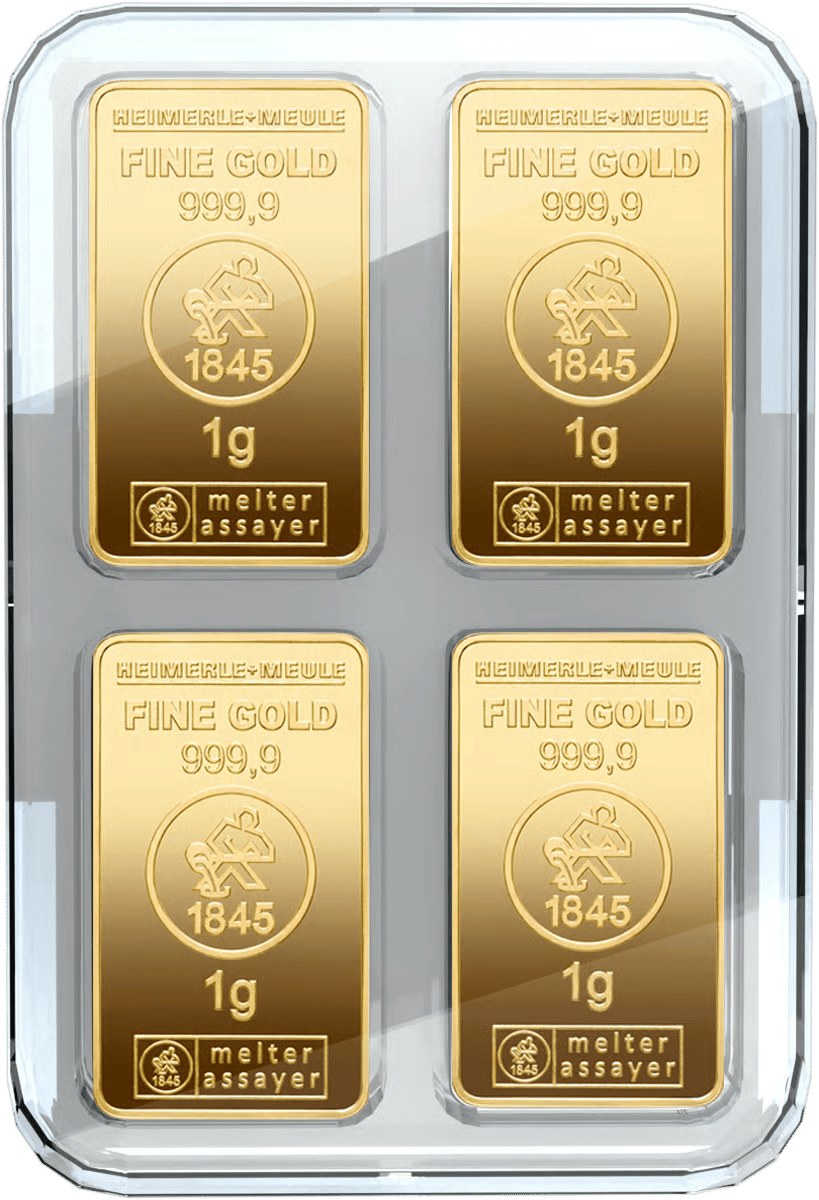 Klarsichtbox mit Goldbarren zu je 1 g von Heimerle + Meule