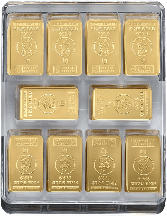 Klarsichtbox mit Goldbarren zu je 1 g von Heimerle + Meule