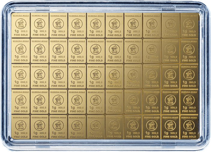 Tafel aus fünfzig Goldbarren zu je 1 g in einer Klarsichtbox