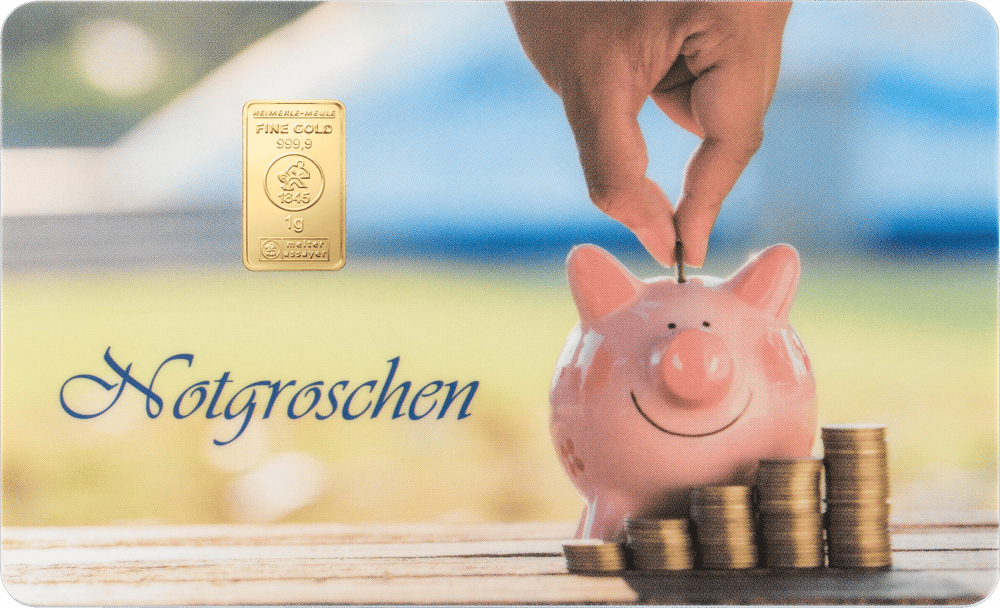 Card with a gold bar of 1 g by Heimerle + Meule in its window