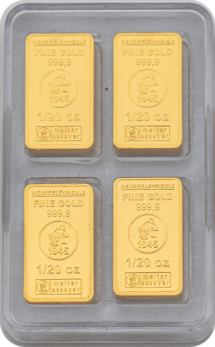 Klarsichtbox mit Goldbarren zu je 1/20 oz von Heimerle + Meule
