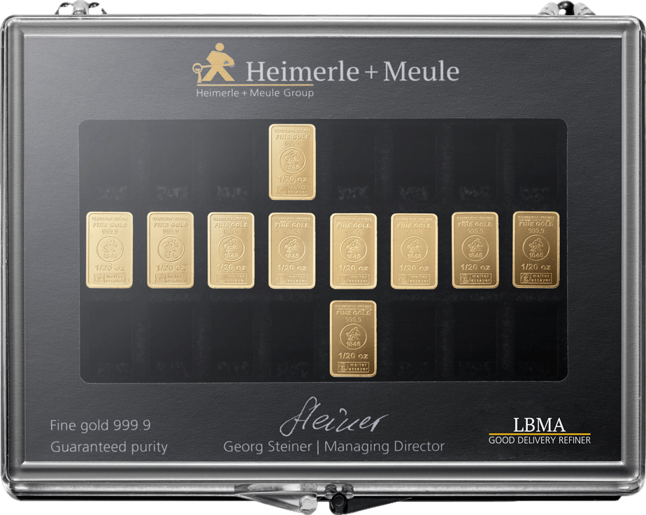 Black display box with ten small gold bars