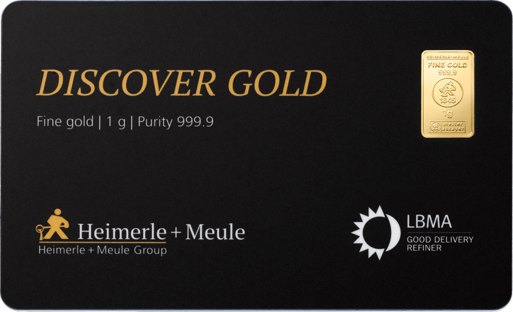 Karte mit einem Goldbarren zu 1 g von Heimerle + Meule im Fenster