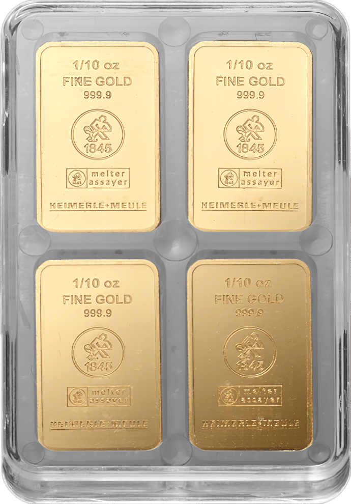 Klarsichtbox mit Goldbarren zu je 1/10 oz von Heimerle + Meule