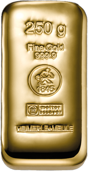 Gegossener Goldbarren von Heimerle + Meule, 250 g