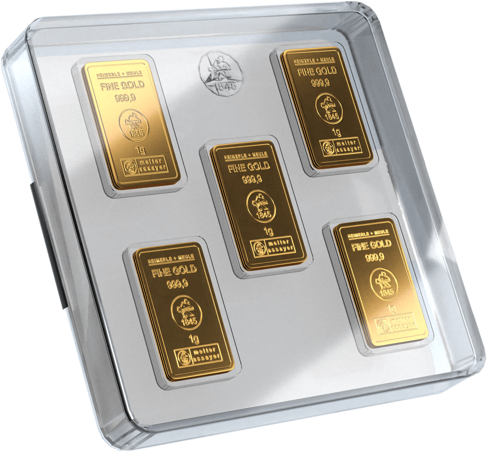 Klarsichtbox mit Goldbarren zu je 1 g von Heimerle + Meule