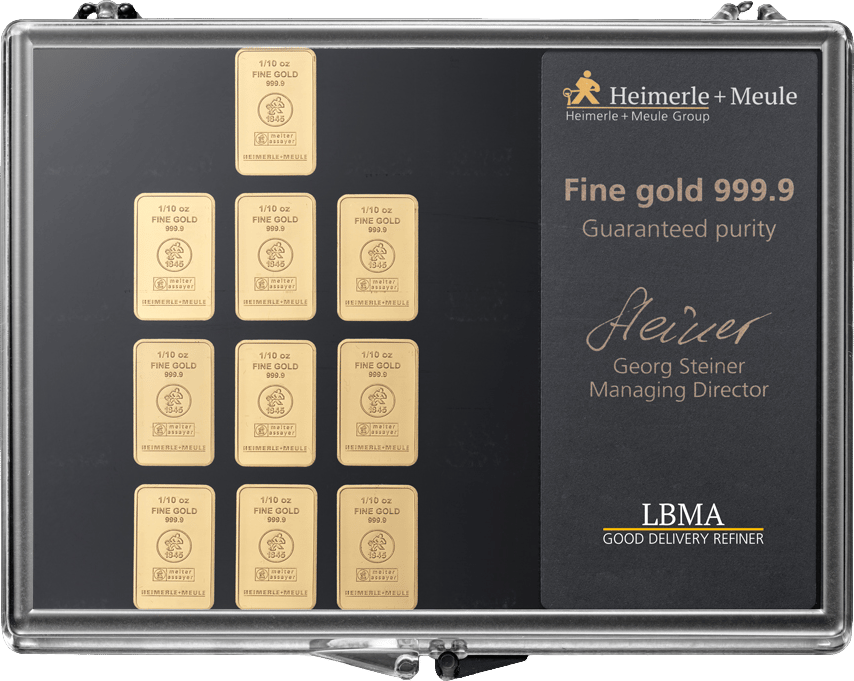 Black display box with ten small gold bars