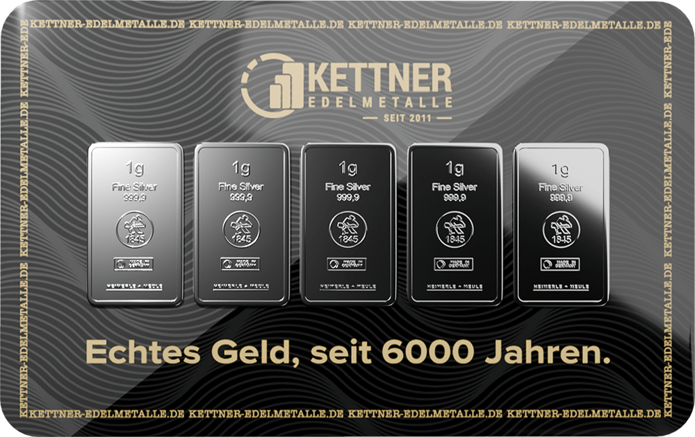 Karte von Kettner Edelmetalle mit fünf Silberbarren zu je 1 g von Heimerle + Meule
