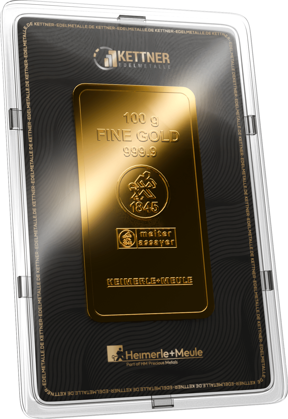 Karte von Kettner Edelmetalle mit einem Goldbarren von Heimerle + Meule zu 100 g