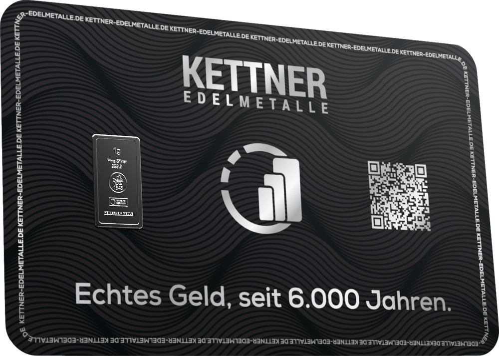 Karte von Kettner Edelmetalle mit einem Silberbarren von Heimerle + Meule zu 1 g