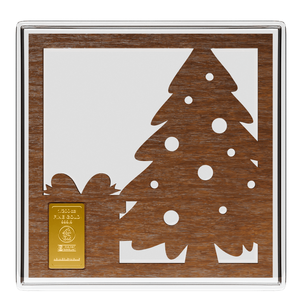 Rahmen in Holzoptik mit ausgeschnittenem Tannenbaum, links unten ein Goldbarren zu 1/200 oz