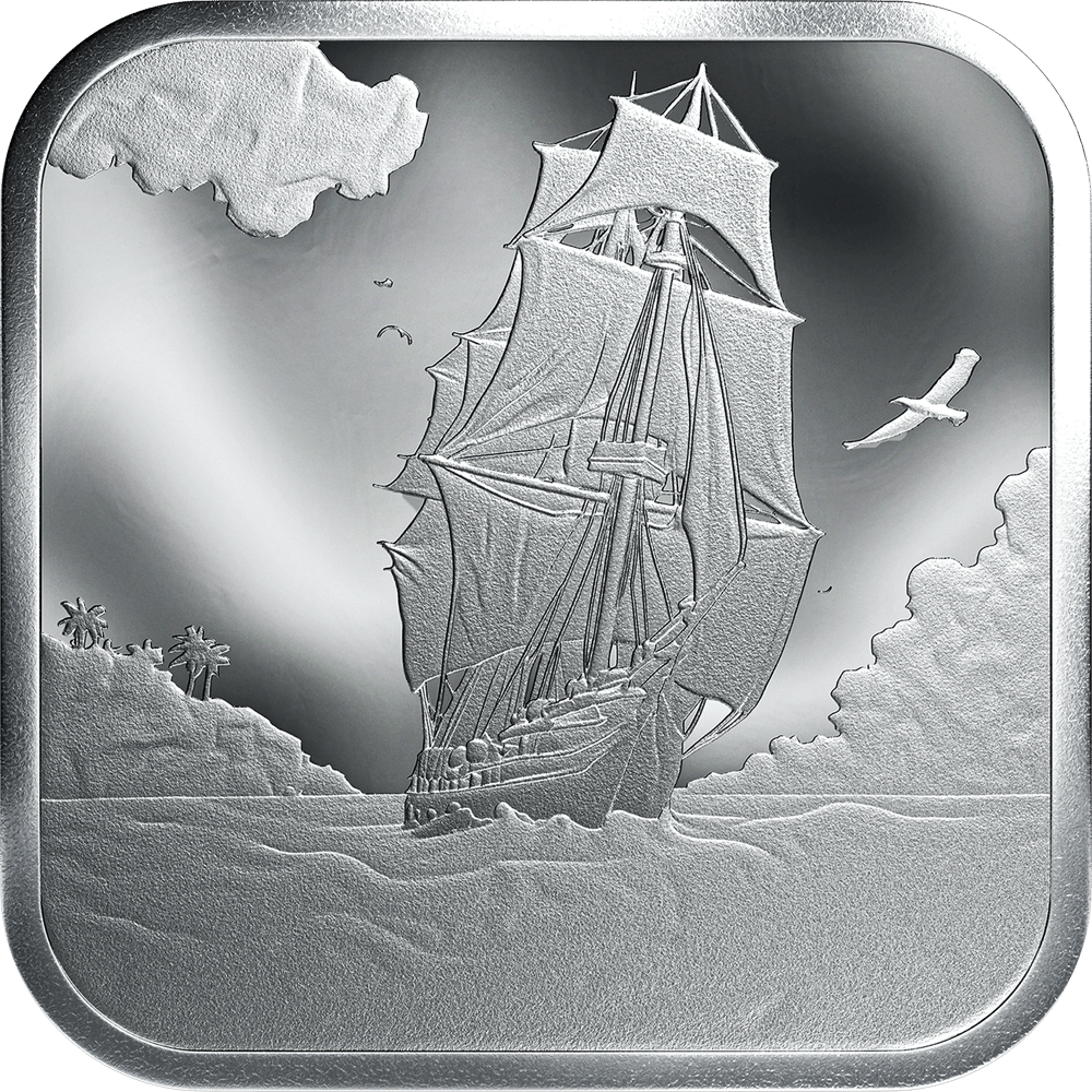 1/10 ounce square coin · side with the three-master