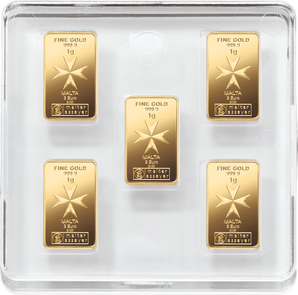 Gold MALTA CoinBars with the Maltese cross and face value 3 euros in their capsule