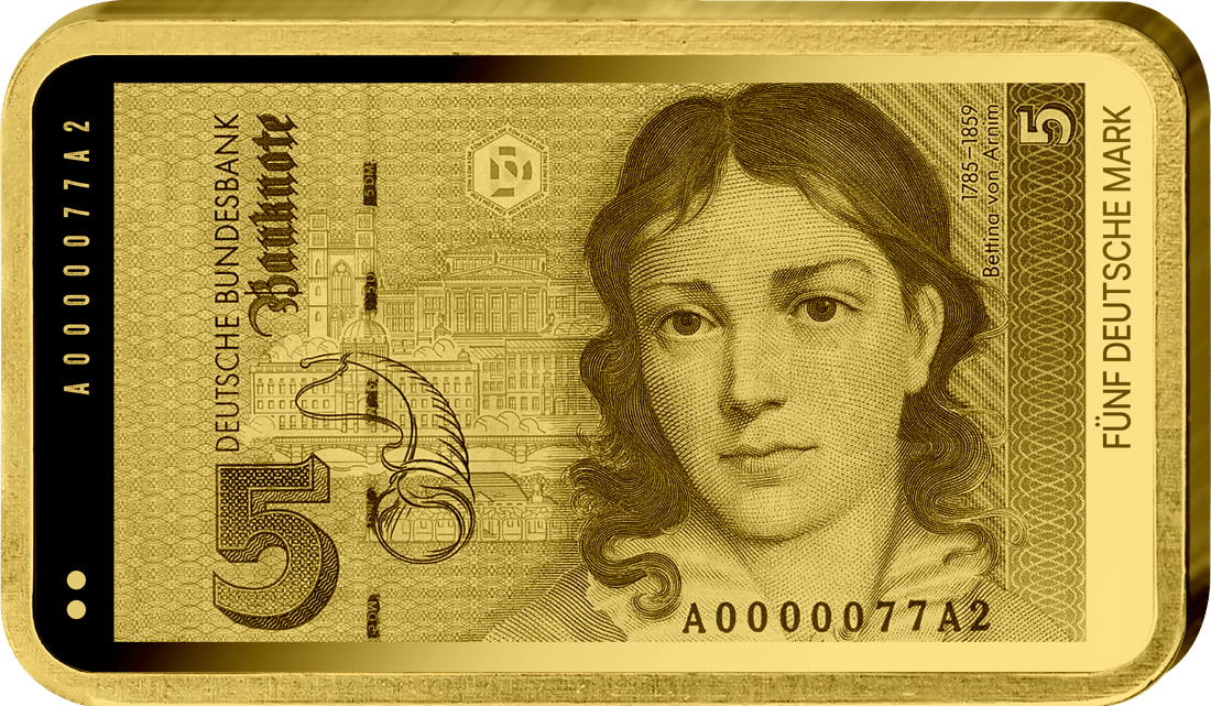 Abbildung der Vorderseite des Barrens mit dem Motiv des 5-Mark-Scheins: Bettina von Arnim