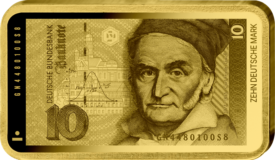 Abbildung der Vorderseite des Barrens mit dem Motiv des 10-Mark-Scheins: Carl Friedrich Gauß