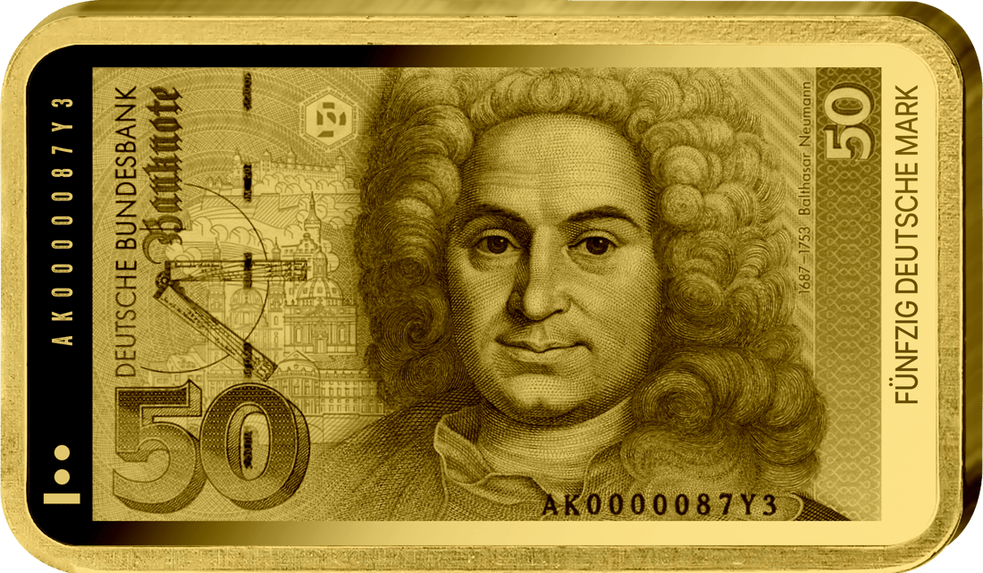 Abbildung der Vorderseite des Barrens mit dem Motiv des 50-Mark-Scheins: Balthasar Neumann