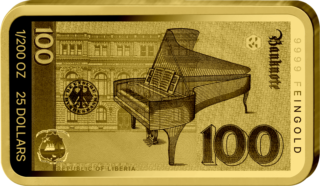 Imagen del reverso del lingote con el motivo del reverso del billete de 100 DM, junto con 1/200 OZ, 25 DOLLARS, REPUBLIC OF LIBERIA y 9999 FEINGOLD
