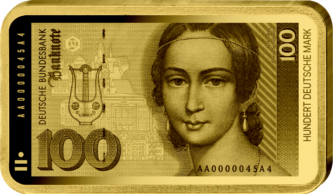 Imagen del anverso del lingote con el motivo del billete de 100 DM: Clara Schumann