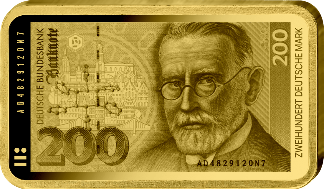 Abbildung der Vorderseite des Barrens mit dem Motiv des 200-Mark-Scheins: Paul Ehrlich