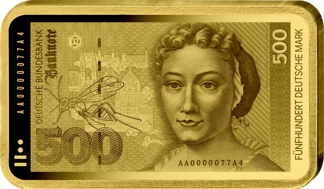 Abbildung der Vorderseite des Barrens mit dem Motiv des 500-Mark-Scheins: Maria Sibylla Merian