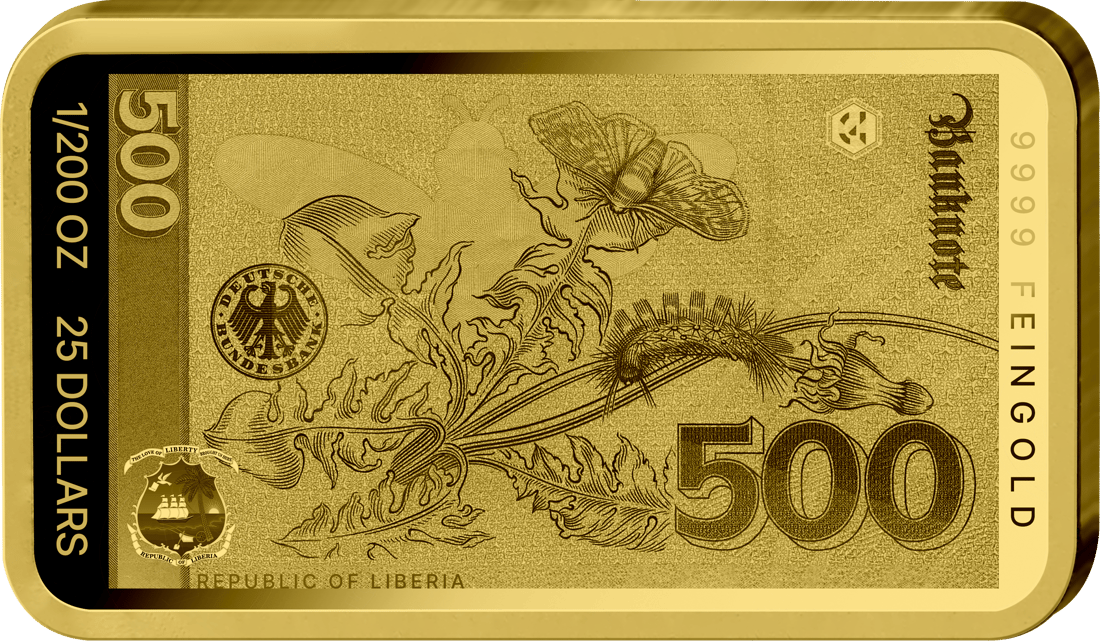 Abbildung der Rückseite des Barrens mit dem Motiv der Rückseite des 500-Mark-Scheins, dazu 1/200 OZ, 25 DOLLARS, REPUBLIC OF LIBERIA und 9999 FEINGOLD