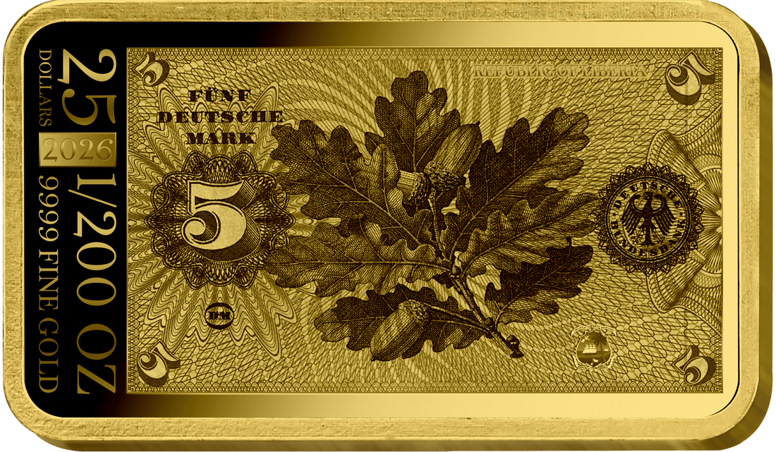 Abbildung der Rückseite des Barrens mit dem Motiv der Rückseite des 5-Mark-Scheins, dazu 25 DOLLARS, 1/200 OZ, REPUBLIC OF LIBERIA, 9999 FINE GOLD und 2026