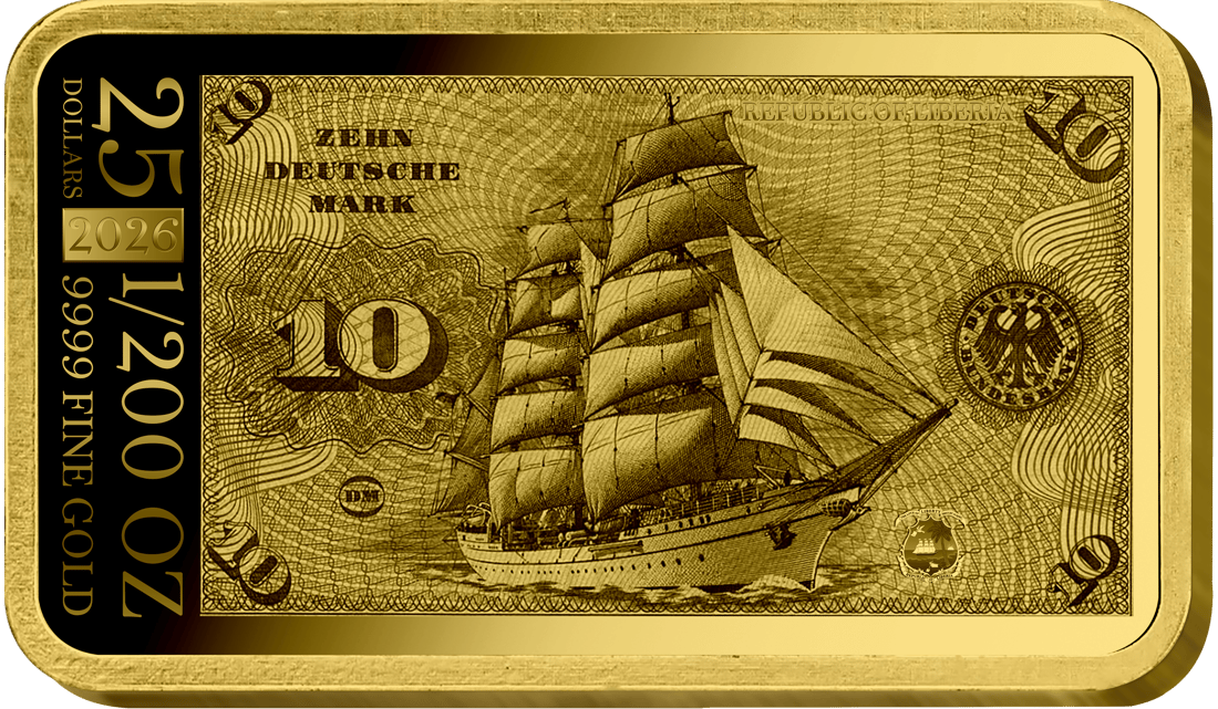Abbildung der Rückseite des Barrens mit dem Motiv der Rückseite des 10-Mark-Scheins, dazu 25 DOLLARS, 1/200 OZ, REPUBLIC OF LIBERIA, 9999 FINE GOLD und 2026