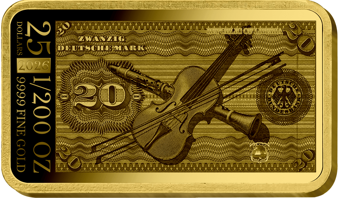 Abbildung der Rückseite des Barrens mit dem Motiv der Rückseite des 20-Mark-Scheins, dazu 25 DOLLARS, 1/200 OZ, REPUBLIC OF LIBERIA, 9999 FINE GOLD und 2026