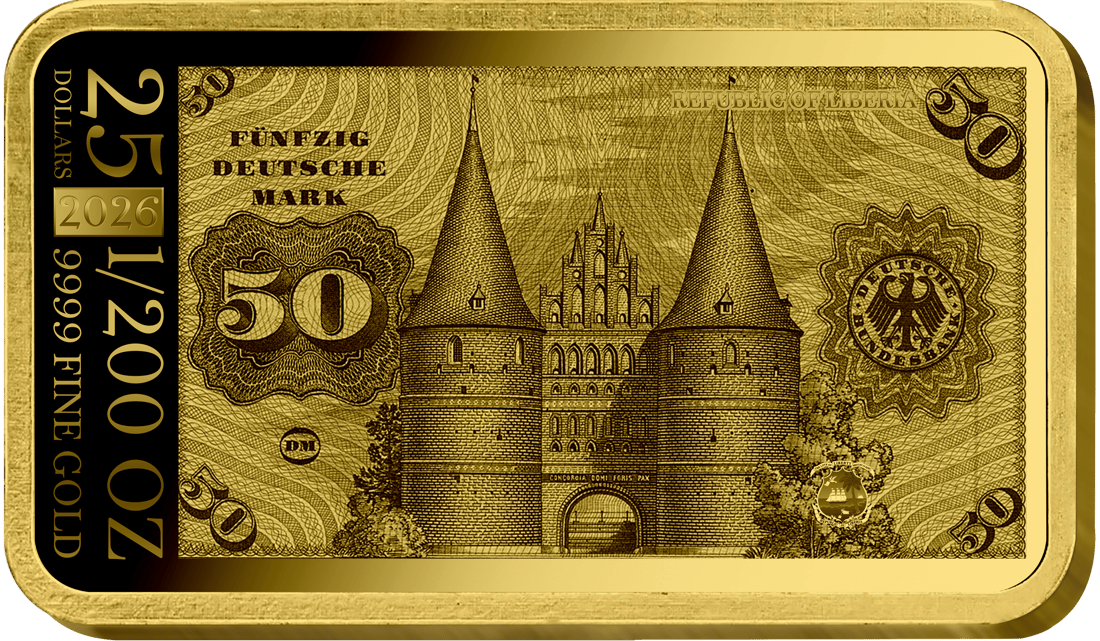 Abbildung der Rückseite des Barrens mit dem Motiv der Rückseite des 50-Mark-Scheins, dazu 25 DOLLARS, 1/200 OZ, REPUBLIC OF LIBERIA, 9999 FINE GOLD und 2026
