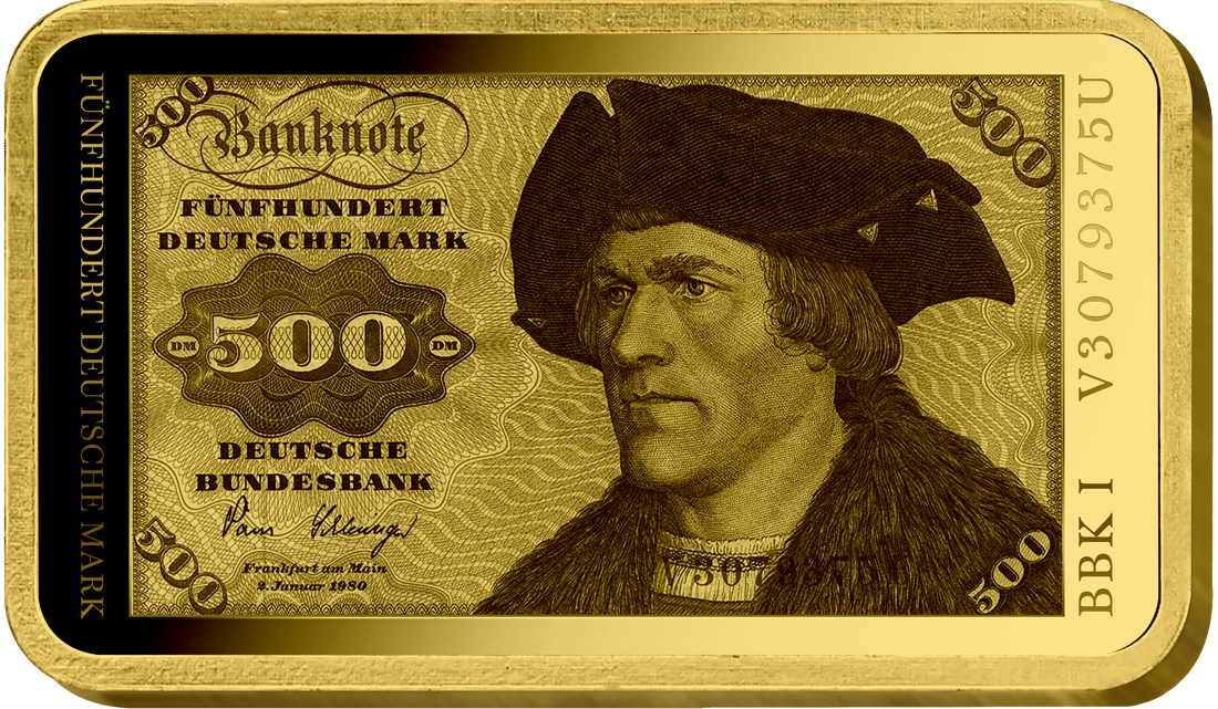 Abbildung der Vorderseite des Barrens mit dem Motiv des 500-Mark-Scheins: Bildnis eines bartlosen Mannes