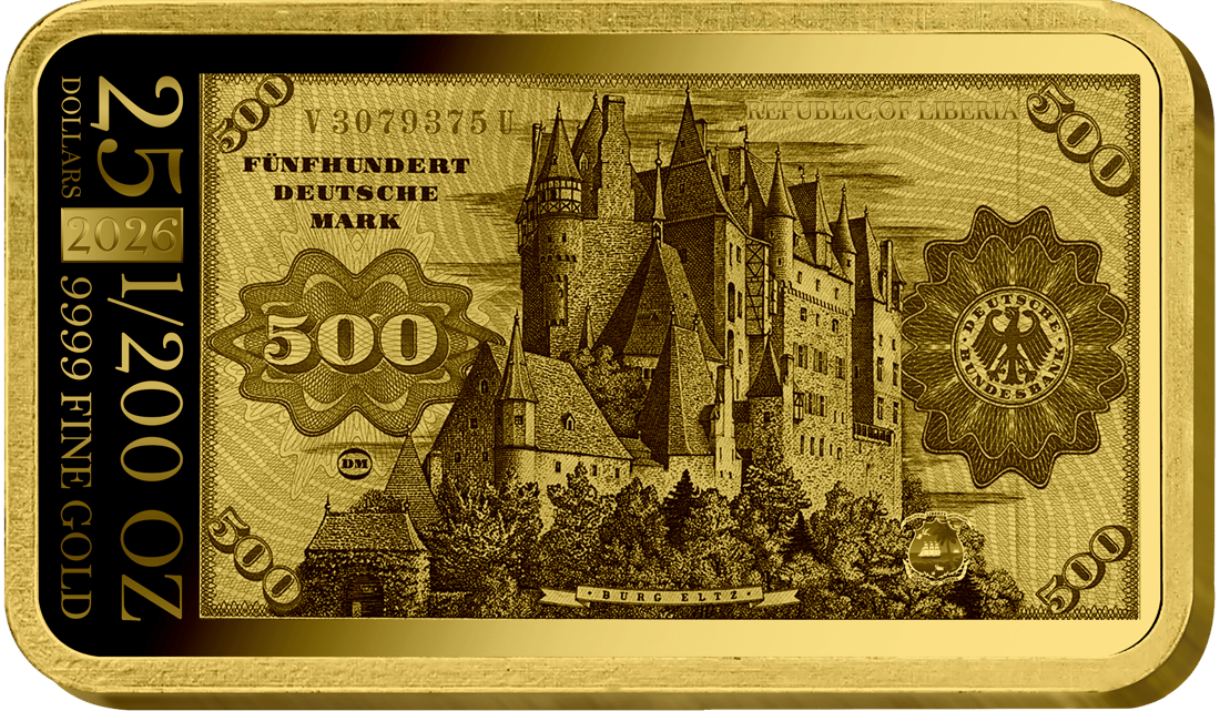 Abbildung der Rückseite des Barrens mit dem Motiv der Rückseite des 500-Mark-Scheins, dazu 25 DOLLARS, 1/200 OZ, REPUBLIC OF LIBERIA, 9999 FINE GOLD und 2026