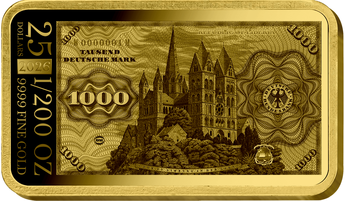 Imagen del reverso del lingote con el motivo del reverso del billete de 1000 DM, junto con 25 DOLLARS, 1/200 OZ, REPUBLIC OF LIBERIA, 9999 FINE GOLD y 2026