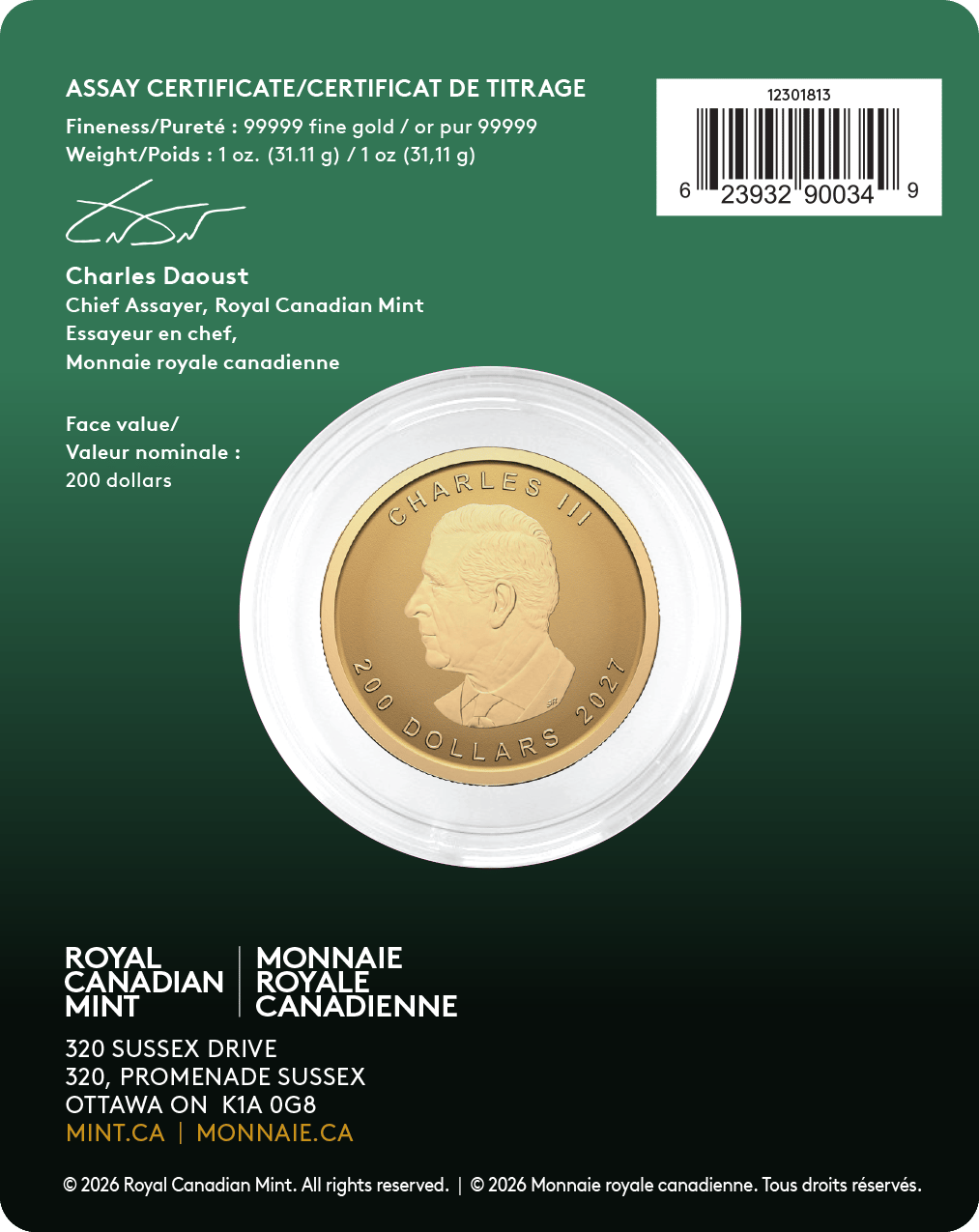 1 ounce of gold · Back with assay certificate