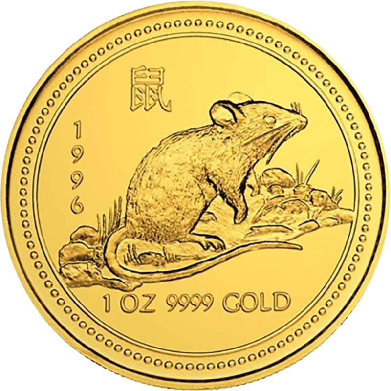 Lunar I Maus 1996: eine Maus auf einem Stein zwischen Gräsern, oben links das Zeichen 鼠, links senkrecht die Jahreszahl 1996, unten 1 OZ 9999 GOLD