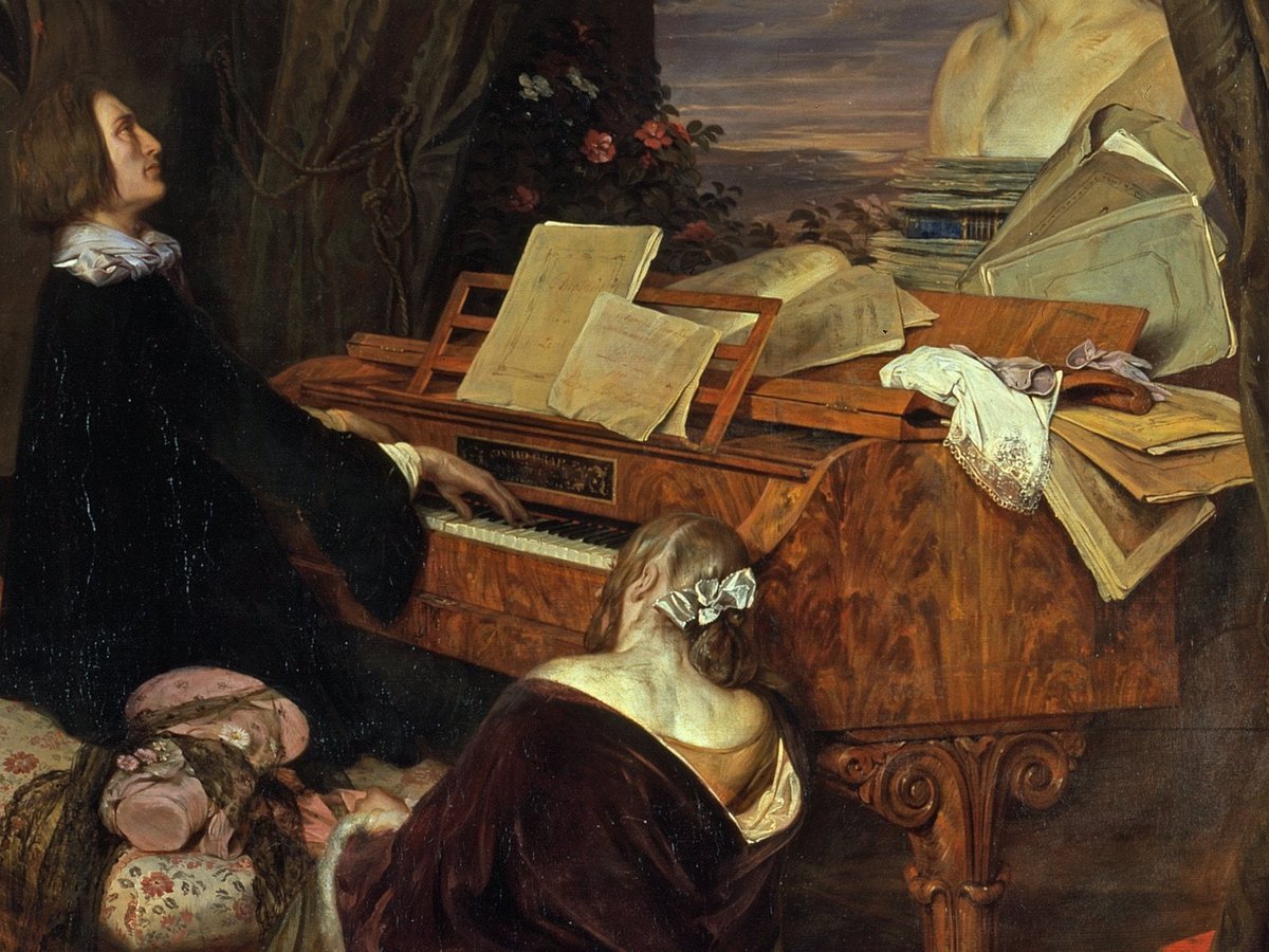 Ausschnitt aus Danhausers Gemälde: Liszt am Flügel, auf dem Namensbrett die Marke von Conrad Graf, zu seinen Füßen eine Zuhörerin, oben rechts angeschnitten die Büste Beethovens