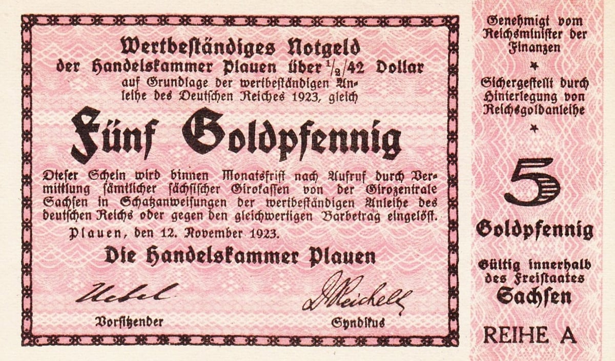 Rosafarbener Geldschein: Wertbeständiges Notgeld der Handelskammer Plauen, groß Fünf Goldpfennig, am rechten Rand eine große 5 und der Satz Sichergestellt durch Hinterlegung von Reichsgoldanleihe