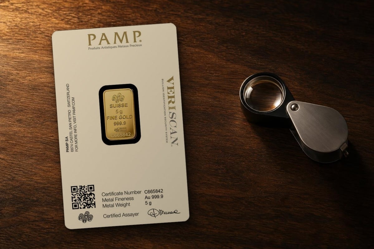 Die weiße Rückseite einer Karte von PAMP mit einem Barren zu 5 Gramm im Fenster, Nummer, QR‑Code und dem Schriftzug VERISCAN, daneben eine Lupe auf dunklem Holz