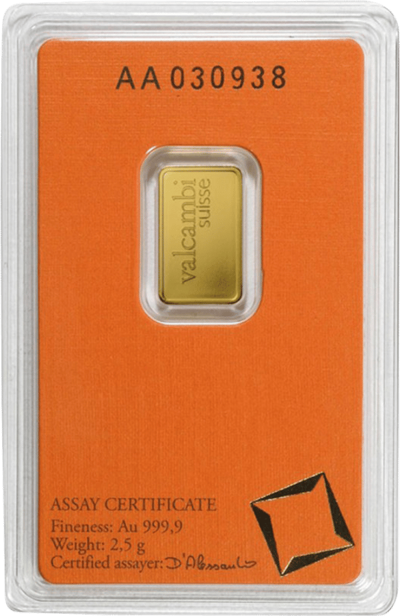 2.5 g minted bar · Back of the card with the serial number at the top and ASSAY CERTIFICATE at the bottom
