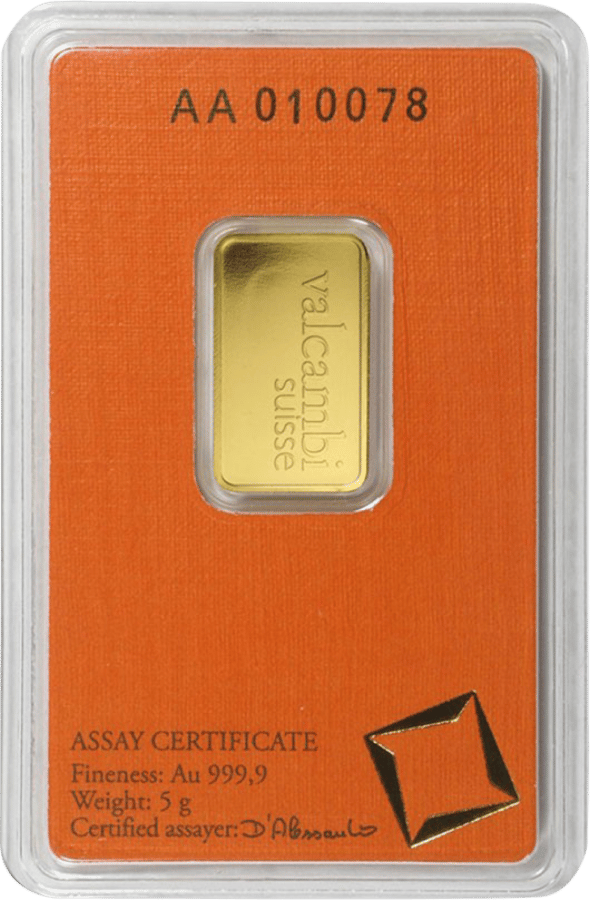 5 g minted bar · Back of the card with the serial number at the top and ASSAY CERTIFICATE at the bottom