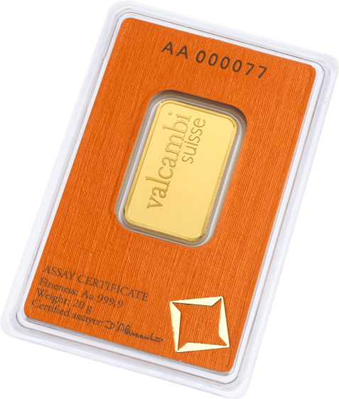 20 g minted bar · Back of the card with the serial number at the top and ASSAY CERTIFICATE at the bottom
