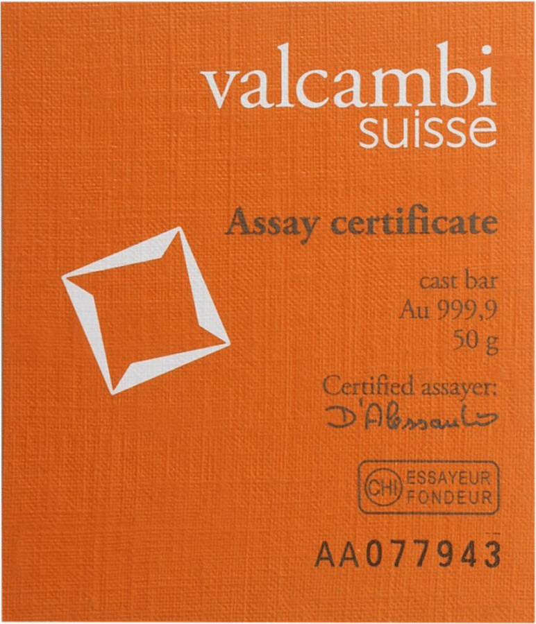 50 g Gussbarren · Zertifikat mit cast bar, Au 999,9, dem Gewicht, dem Vermerk Certified assayer und der Nummer