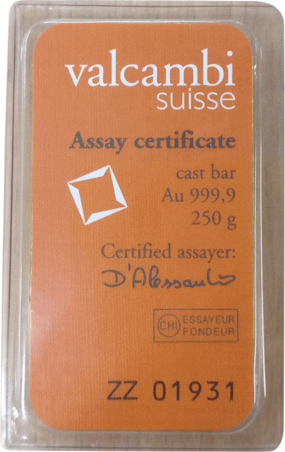 250 g cast bar · Certificate with cast bar, Au 999,9, the weight, the note Certified assayer and the number